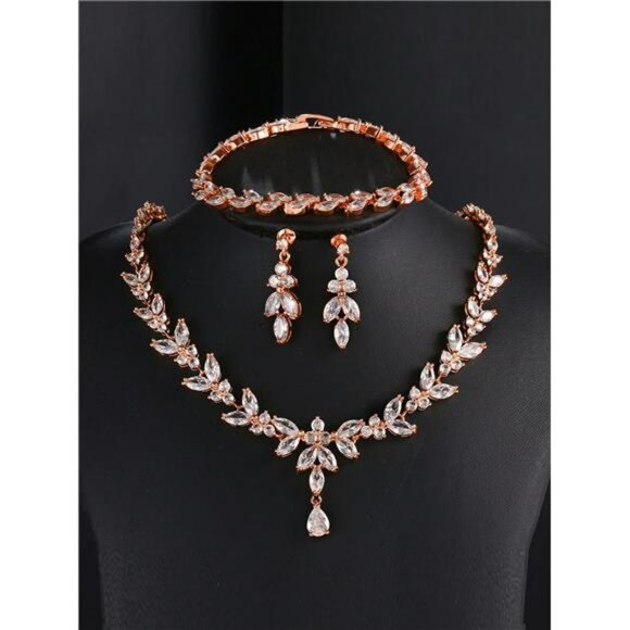 Rose Gold Bridal Jewelry Set 3Pc Rose Gold Rhinestone Necklace Earrings Bracelet - Picture 5 of 5